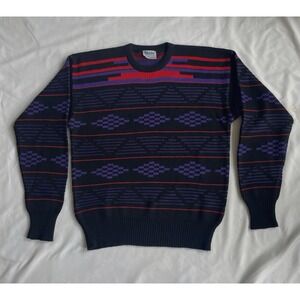 Vtg 80s 90s MEISTER WOOL SKI SWEATER Large Black Pink Purple Geometric Retro